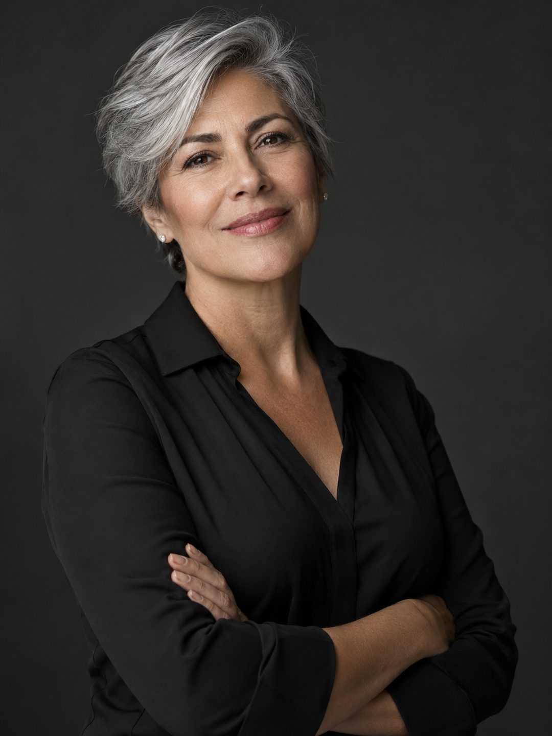 Mujer sonriendo con los brazos cruzados